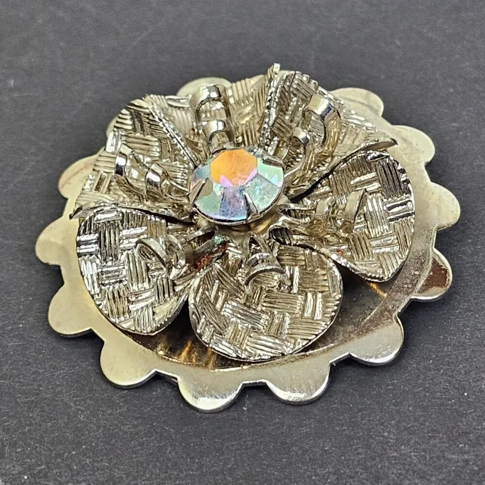 Vintage Scarf Clip‎ Silver Tone Flower Rhinestone AB Layered Textured Scalloped